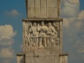 Bas relief of three warriors, Detail of the Monument of Romanian heroes in the old citadel of Alba Iulia, low angle view